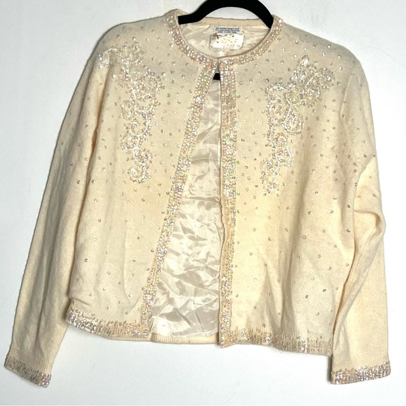 Vintage 1950s Jeri-Jo Beaded Sequin Embellished‎ Cardigan Wool Angora 44 L - Picture 1 of 6